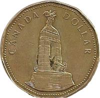 reverse of 1 Dollar - Elizabeth II - National War Memorial (1994) coin with KM# 248 from Canada. Inscription: CANADA DOLLAR