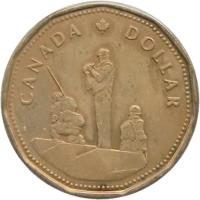 reverse of 1 Dollar - Elizabeth II - Peacekeeping (1995) coin with KM# 258 from Canada. Inscription: CANADA DOLLAR
