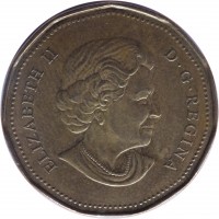 Canada coin 1 Dollar - Elizabeth II - Lucky Loonie (2006) obverse obverse of 1 Dollar - Elizabeth II - Lucky Loonie (2006) coin with KM# 630 from Canada. Inscription: ELIZABETH II D · G · REGINA