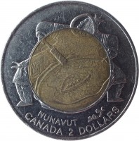 Canada coin 2 Dollars - Elizabeth II - Nunavut (1999) reverse reverse of 2 Dollars - Elizabeth II - Nunavut (1999) coin with KM# 357 from Canada. Inscription: NUNAVUT ᓄᓇᕗᑦ CANADA 2 DOLLARS