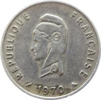 obverse of 50 Francs (1970 - 1975) coin with KM# 18 from French Afars and Issas. Inscription: REPUBLIQUE FRANÇAISE 1970