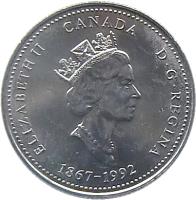 obverse of 25 Cents - Elizabeth II - Saskatchewan (1992) coin with KM# 233 from Canada. Inscription: ELIZABETH II CANADA D · G · REGINA 1867-1992