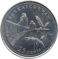 reverse of 25 Cents - Elizabeth II - Saskatchewan (1992) coin with KM# 233 from Canada. Inscription: SASKATCHEWAN 25 CENTS BEC