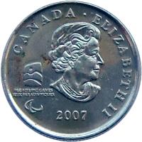 Canada coin 25 Cents - Elizabeth II - Wheelchair Curling (2007) obverse obverse of 25 Cents - Elizabeth II - Wheelchair Curling (2007) coin with KM# 684 from Canada. Inscription: CANADA · ELIZABETH II 2007 PARALYMPIC GAMES JEUX PARALYMPIQUES