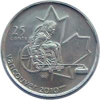 reverse of 25 Cents - Elizabeth II - Wheelchair Curling (2007) coin with KM# 684 from Canada. Inscription: 25 CENTS VANCOUVER 2010