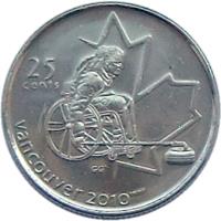 Canada coin 25 Cents - Elizabeth II - Wheelchair Curling (2007) reverse reverse of 25 Cents - Elizabeth II - Wheelchair Curling (2007) coin with KM# 684 from Canada. Inscription: 25 CENTS VANCOUVER 2010