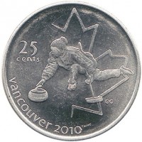 reverse of 25 Cents - Elizabeth II - Curling (2007) coin with KM# 682 from Canada. Inscription: 25 cents vancouver 2010