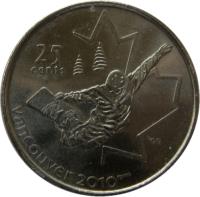 Canada coin 25 Cents - Elizabeth II - Snowboarding (2008) reverse reverse of 25 Cents - Elizabeth II - Snowboarding (2008) coin with KM# 768 from Canada. Inscription: 25 CENTS VANCOUVER 2010