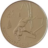 reverse of 25 Cents - Elizabeth II - Freestyle skiing (2008) coin with KM# 765 from Canada. Inscription: 25 cents VANCOUVER 2010