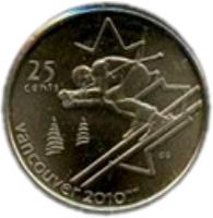 Canada coin 25 Cents - Elizabeth II - Alpine skiing (2007 - 2008) reverse reverse of 25 Cents - Elizabeth II - Alpine skiing (2007 - 2008) coin with KM# 686 from Canada. Inscription: 25 CENTS VANCOUVER 2010