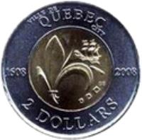reverse of 2 Dollars - Elizabeth II - Quebec City (2008) coin with KM# 1040 from Canada. Inscription: VILLE DE QUÉBEC CITY 1608 2008 GB 2 DOLLARS