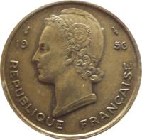 obverse of 25 Francs (1956) coin with KM# 7 from French West Africa. Inscription: REPUBLIQUE FRANÇAISE 1956 G.B.L. BAZOR