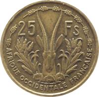 reverse of 25 Francs (1956) coin with KM# 7 from French West Africa. Inscription: AFRIQUE OCCIDENTALE FRANCAISE 25 FS