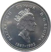 obverse of 25 Cents - Elizabeth II - Alberta (1992) coin with KM# 221 from Canada. Inscription: ELIZABETH II D · G · REGINA CANADA 1867-1992