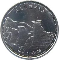 Canada coin 25 Cents - Elizabeth II - Alberta (1992) reverse reverse of 25 Cents - Elizabeth II - Alberta (1992) coin with KM# 221 from Canada. Inscription: 25 CENTS ALBERTA