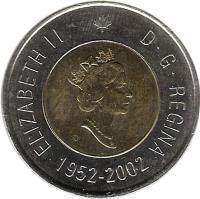 obverse of 2 Dollars - Elizabeth II - Golden Jubilee (2002) coin with KM# 449 from Canada. Inscription: ELIZABETH II D · G · REGINA 1952-2002