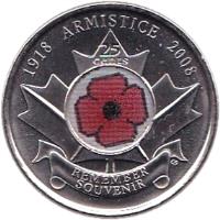 Canada coin 25 Cents - Elizabeth II - Armistice Day (2008) reverse reverse of 25 Cents - Elizabeth II - Armistice Day (2008) coin with KM# 775 from Canada. Inscription: 1918 ARMISTICE 2008 25 cents REMEMBER SOUVENIR