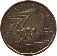 Canada coin 1 Dollar - Elizabeth II - Montreal Canadiens (2009) reverse reverse of 1 Dollar - Elizabeth II - Montreal Canadiens (2009) coin with KM# 864 from Canada. Inscription: CANADA 1909-2009 DOLLAR