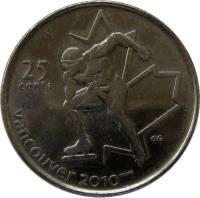 reverse of 25 Cents - Elizabeth II - Speed Skating (2009) coin with KM# 842 from Canada. Inscription: 25 CENTS VANCOUVER 2010