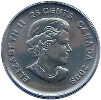 obverse of 25 Cents - Elizabeth II - Men's Ice Hockey (2009) coin with KM# 1063 from Canada. Inscription: ELIZABETH II 25 CENTS CANADA 2009 SB
