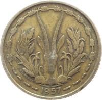 obverse of 25 Francs (1957) coin with KM# 9 from French West Africa. Inscription: 1957