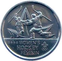 reverse of 25 Cents - Elizabeth II - Women's Ice Hockey (2009) coin with KM# 1064 from Canada. Inscription: 2002 WOMEN'S HOCKEY FÉMININ