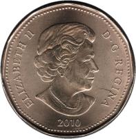 obverse of 1 Dollar - Elizabeth II - Lucky Loonie (2010) coin with KM# 883 from Canada. Inscription: ELIZABETH II D · G · REGINA 2010