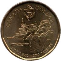 reverse of 1 Dollar - Elizabeth II - Royal Canadian Navy (2010) coin with KM# 1017 from Canada. Inscription: CANADA DOLLAR NAVY 1910~2010 MARINE
