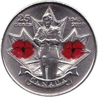 reverse of 25 Cents - Elizabeth II - Remembrance (2010) coin with KM# 1028 from Canada. Inscription: 25 cents 1945 2010 CANADA