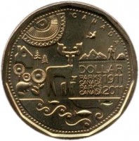 Canada coin 1 Dollar - Elizabeth II - Canadian Parks (2011) reverse reverse of 1 Dollar - Elizabeth II - Canadian Parks (2011) coin with KM# 1166 from Canada. Inscription: CANADA DOLLAR PARKS CANADA 1911 PARCS CANADA 2011