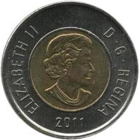 obverse of 2 Dollars - Elizabeth II - Boreal Forest (2011) coin with KM# 1167 from Canada. Inscription: ELIZABETH II D · G · REGINA 2011