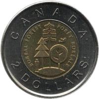 reverse of 2 Dollars - Elizabeth II - Boreal Forest (2011) coin with KM# 1167 from Canada. Inscription: CANADA 2 DOLLARS BOREAL FOREST FORET BOREALE