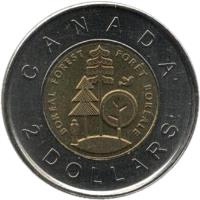 Canada coin 2 Dollars - Elizabeth II - Boreal Forest (2011) reverse reverse of 2 Dollars - Elizabeth II - Boreal Forest (2011) coin with KM# 1167 from Canada. Inscription: CANADA 2 DOLLARS BOREAL FOREST FORET BOREALE