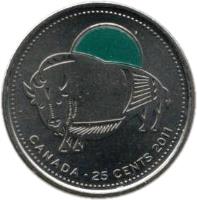 reverse of 25 Cents - Elizabeth II - Wood Bison - Colourized (2011) coin with KM# 1168a from Canada. Inscription: CANADA · 25 CENTS 2011