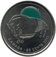 Canada coin 25 Cents - Elizabeth II - Wood Bison - Colourized (2011) reverse reverse of 25 Cents - Elizabeth II - Wood Bison - Colourized (2011) coin with KM# 1168a from Canada. Inscription: CANADA · 25 CENTS 2011
