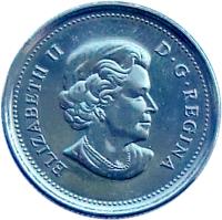 obverse of 25 Cents - Elizabeth II - Wood Bison (2011) coin with KM# 1168 from Canada. Inscription: ELIZABETH II D · G · REGINA
