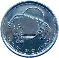Canada coin 25 Cents - Elizabeth II - Wood Bison (2011) reverse reverse of 25 Cents - Elizabeth II - Wood Bison (2011) coin with KM# 1168 from Canada. Inscription: CANADA · 25 CENTS 2011
