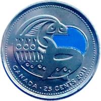 reverse of 25 Cents - Elizabeth II - Orca - Colourized (2011) coin with KM# 1170a from Canada. Inscription: CANADA · 25 CENTS 2011