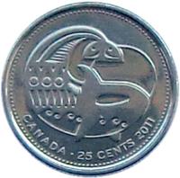 reverse of 25 Cents - Elizabeth II - Orca (2011) coin with KM# 1170 from Canada. Inscription: CANADA · 25 CENTS 2011