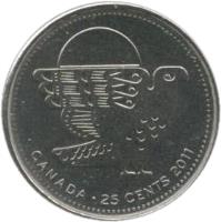 reverse of 25 Cents - Elizabeth II - Peregrine Falcon (2011) coin with KM# 1169 from Canada. Inscription: CANADA · 25 CENTS 2011