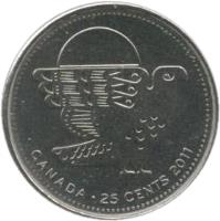 Canada coin 25 Cents - Elizabeth II - Peregrine Falcon (2011) reverse reverse of 25 Cents - Elizabeth II - Peregrine Falcon (2011) coin with KM# 1169 from Canada. Inscription: CANADA · 25 CENTS 2011
