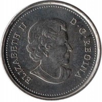 obverse of 25 Cents - Elizabeth II - Peregrine Falcon - Colourized (2011) coin with KM# 1169a from Canada. Inscription: ELIZABETH II D. G. REGINA
