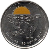 reverse of 25 Cents - Elizabeth II - Peregrine Falcon - Colourized (2011) coin with KM# 1169a from Canada. Inscription: CANADA · 25 CENTS 2011