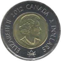 obverse of 2 Dollars - Elizabeth II - War of 1812: HMS Shannon (2012) coin with KM# 1258 from Canada. Inscription: ELIZABETH II 2012 CANADA 2 DOLLARS