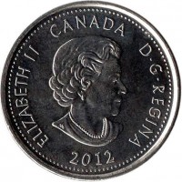 obverse of 25 Cents - Elizabeth II - War of 1812: Sir Isaac Brock (2012) coin with KM# 1322 from Canada. Inscription: ELIZABETH II D · G · REGINA 2012