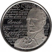 Canada coin 25 Cents - Elizabeth II - War of 1812: Sir Isaac Brock (2012) reverse reverse of 25 Cents - Elizabeth II - War of 1812: Sir Isaac Brock (2012) coin with KM# 1322 from Canada. Inscription: 25 cents Brock 1812