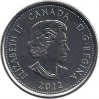 Canada coin 25 Cents - Elizabeth II - War of 1812: Sir Isaac Brock - Colourized (2012) obverse obverse of 25 Cents - Elizabeth II - War of 1812: Sir Isaac Brock - Colourized (2012) coin with KM# 1322a from Canada. Inscription: ELIZABETH II D · G · REGINA 2012