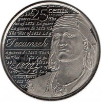 reverse of 25 Cents - Elizabeth II - War of 1812: Tecumseh (2012) coin with KM# 1324 from Canada. Inscription: 25 cents Tecumseh 1812
