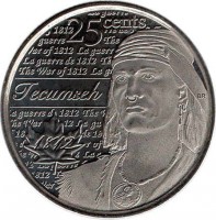 Canada coin 25 Cents - Elizabeth II - War of 1812: Tecumseh (2012) reverse reverse of 25 Cents - Elizabeth II - War of 1812: Tecumseh (2012) coin with KM# 1324 from Canada. Inscription: 25 cents Tecumseh 1812