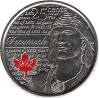 reverse of 25 Cents - Elizabeth II - War of 1812, Tecumseh - Colourized (2012) coin with KM# 1324a from Canada. Inscription: 25 cents Tecumseh 1812